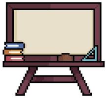 pizarra escolar vacía de pixel art, pizarra con libros, borrador e icono de vector de regla para juego de 8 bits sobre fondo blanco