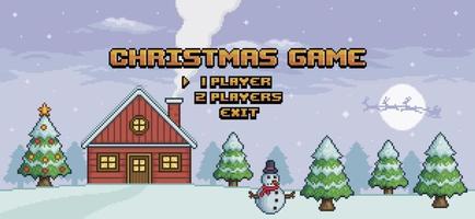 juego de navidad de pixel art con casa, árbol de navidad, pino, muñeco de nieve, vector de fondo de santa claus para juego de 8 bits