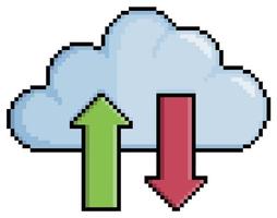 Pixel art download and upload to cloud, cloud data vector icon for 8bit game on white background