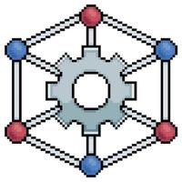Pixel art gear in network, network settings, network configuration vector icon for 8bit game on white background