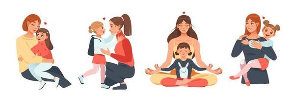 colección de madres e hijas. madres e hijas felices abrazan, sonríen, meditan. ilustración aislada de vector de dibujos animados sobre un fondo blanco