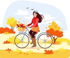 parque de otoño. una mujer monta una bicicleta con un ramo de hojas en un parque de otoño. un paseo en bici. ilustración vectorial de dibujos animados vector