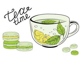 A mug of herbal tea. vector stock illustration. Hot drink with lemon and oregano leaves. Isolated on a white background. Green tea logo.