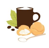 French profiteroles and a mug of hot coffee. Coffee shop logo. Vector stock illustration. Isolated on a white background.