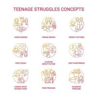 Teenage struggles red gradient concept icons set. Major problems facing adolescent idea thin line color illustrations. Peer pressure. Isolated symbols. vector