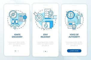 Search engine optimization pillars blue onboarding mobile app screen. Walkthrough 3 steps editable graphic instructions with linear concepts. UI, UX, GUI template. vector