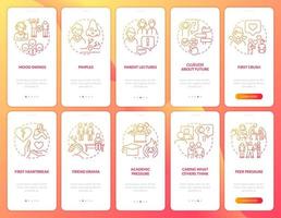 Difficulties of teenage life red gradient onboarding mobile app screen set. Walkthrough 5 steps graphic instructions with linear concepts. UI, UX, GUI template. vector