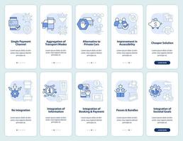 conjunto de pantalla de aplicación móvil de incorporación de servicios de movilidad azul claro. recorrido urbano 5 pasos instrucciones gráficas editables con conceptos lineales. interfaz de usuario, ux, plantilla de interfaz gráfica de usuario. vector