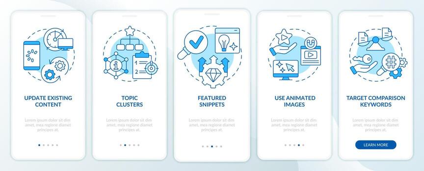 Advanced SEO techniques blue onboarding mobile app screen. Walkthrough 5 steps editable graphic instructions with linear concepts. UI, UX, GUI template. vector
