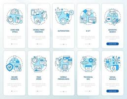 conjunto de pantalla de aplicación móvil de incorporación azul de optimización de motores de búsqueda. tutorial 5 pasos instrucciones gráficas editables con conceptos lineales. interfaz de usuario, ux, plantilla de interfaz gráfica de usuario. vector