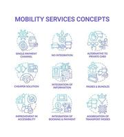 Mobility as service blue gradient concept icons set. Urban infrastructure. Transport services. Maas idea thin line color illustrations. Isolated symbols. vector