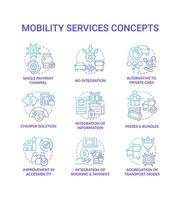 Movilidad como conjunto de iconos de concepto de degradado azul de servicio. infraestructura urbana. servicios de transporte. maas idea ilustraciones en color de línea delgada. símbolos aislados. vector