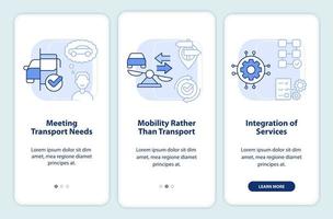 MaaS concept components light blue onboarding mobile app screen. Walkthrough 3 steps editable graphic instructions with linear concepts. UI, UX, GUI template. vector