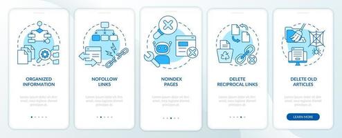 SEO principles blue onboarding mobile app screen. Website promotion. Walkthrough 5 steps editable graphic instructions with linear concepts. UI, UX, GUI template. vector