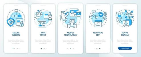 SEO ranking factors blue onboarding mobile app screen. Walkthrough 5 steps editable graphic instructions with linear concepts. UI, UX, GUI template. vector