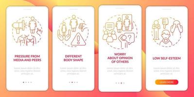 Teenager with body image issues red gradient onboarding mobile app screen. Walkthrough 4 steps graphic instructions with linear concepts. UI, UX, GUI template. vector