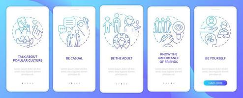 Coping with teenagers blue gradient onboarding mobile app screen. Be role model walkthrough 5 steps graphic instructions with linear concepts. UI, UX, GUI template. vector