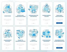 conjunto de pantalla de aplicación móvil de incorporación azul de transformación del sistema de salud. tutorial 5 pasos instrucciones gráficas editables con conceptos lineales. interfaz de usuario, ux, plantilla de interfaz gráfica de usuario. vector