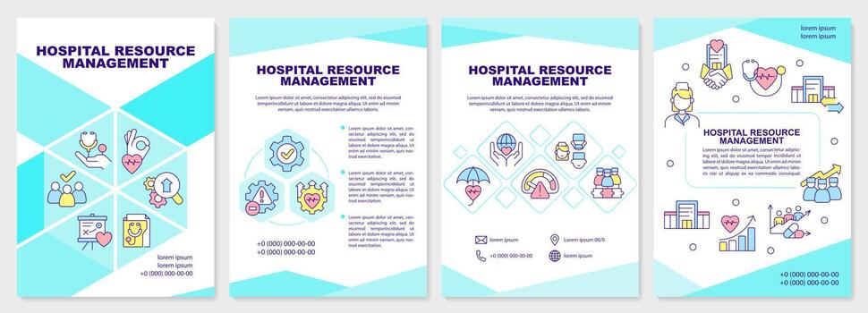Hospital resource management turquoise brochure template. Leaflet design with linear icons. Editable 4 vector layouts for presentation, annual reports.