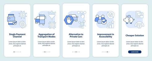 Mobility as service value light blue onboarding mobile app screen. Walkthrough 5 steps editable graphic instructions with linear concepts. UI, UX, GUI template. vector