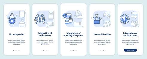 MaaS integration levels light blue onboarding mobile app screen. Walkthrough 5 steps editable graphic instructions with linear concepts. UI, UX, GUI template. vector