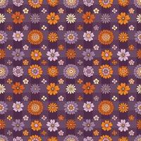 Purple checkered pattern and vintage daisy flowers. Fall boho seamless pattern.