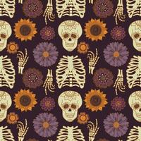 Vector Bohemian Halloween seamless pattern design. Autumn flowers and sculls print design. Day of the dead repeat background.