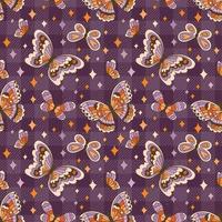 Boho Halloween background. Stars and butterflies magical seamless pattern. 70s Digital paper in retro style. vector