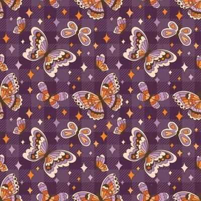 Boho Halloween background. Stars and butterflies magical seamless pattern. 70s Digital paper in retro style.