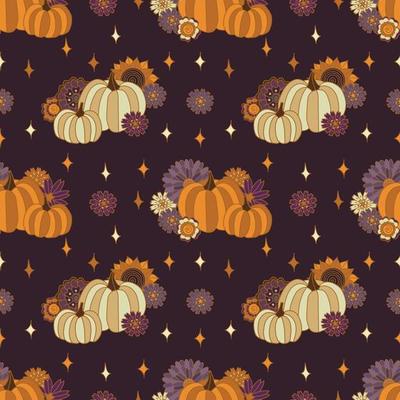 Pumpkins stars and flowers purple seamless pattern. 70s boho Halloween background in retro style vector illustration.