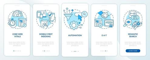 Search engine optimization concepts blue onboarding mobile app screen. Walkthrough 5 steps editable instructions with linear concepts. UI, UX, GUI template. vector