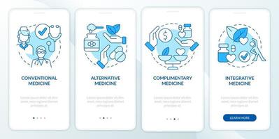 tipos de enfoques de atención médica pantalla azul de la aplicación móvil de incorporación. tutorial 4 pasos instrucciones gráficas editables con conceptos lineales. interfaz de usuario, ux, plantilla de interfaz gráfica de usuario. vector