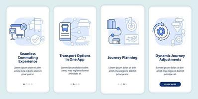 MaaS perks light blue onboarding mobile app screen. Mobility services walkthrough 4 steps editable graphic instructions with linear concepts. UI, UX, GUI template. vector