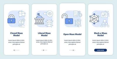 MaaS models light blue onboarding mobile app screen. Digital system walkthrough 4 steps editable graphic instructions with linear concepts. UI, UX, GUI template. vector