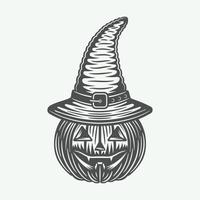 Vintage halloween Pumpkin in a big witch's hat in retro style. Monochrome Graphic Art. Vector Illustration.