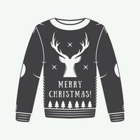 Vintage Christmas winter sweater with deer, trees, stars and design elements in retro style. Can be used for logo, emblems, badges, labels and watermarks. Vector illustration