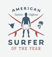 cartel de surf vintage con tablas de hombre, shaka, palma y surf. ilustración vectorial gráfica. vector