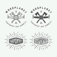 Set of vintage carpentry, woodwork and mechanic labels, badges, emblems and logo. Vector illustration. Monochrome Graphic Art.