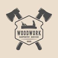 Vintage carpentry, woodwork and mechanic label, badge, emblem and logo. Vector illustration. Monochrome Graphic Art.