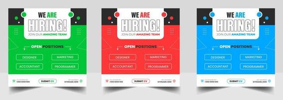 We are hiring job vacancy social media post banner design template with green, red and blue color. We are hiring job vacancy square web banner design. vector