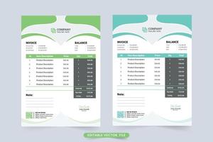 Creative invoice template vector with abstract shapes. Product price and business info section with cash receipts. Payment agreement and invoice bill template design with green and blue color.