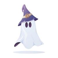un lindo fantasma con un sombrero púrpura de hechicería. ilustración vectorial de dibujos animados para halloween. vector