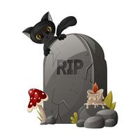 A tombstone with the text RIP, cute black cat behind it, a fly agaric and a burning candle. The memory of the dead. Cartoon vector illustration for Halloween.