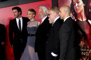 LOS ANGELES, NOV 18 - Liam Hemsworth, Jennifer Lawrence, Donald Sutherland, Josh Hutcherson, Phillip Seymour Hoffman, Stanley Tucci at the The Hunger Games - Catching Fire Premiere at Nokia Theater on November 18, 2013 in Los Angeles, CA photo