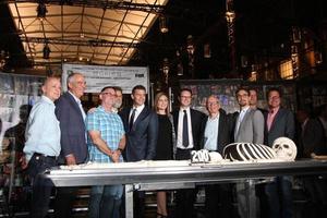 LOS ANGELES, NOV 14 - David Boreanaz, Emily Deschanel, Rupert Murdock, executives of Bones and FOX at the Bones 200th Show Cake Celebration at the Fox Studio Lot on November 14, 2014 in Century City, CA photo