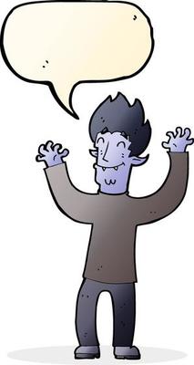 cartoon happy vampire man with speech bubble