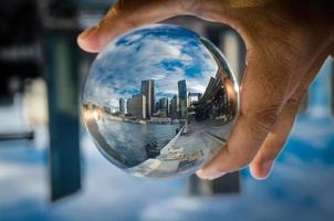 Cityscape photography in a clear glass crystal ball. photo