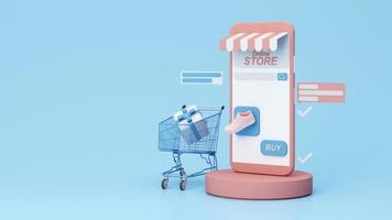 concepto de tienda en línea en la pantalla del teléfono con elementos de compras sobre fondo azul pastel video