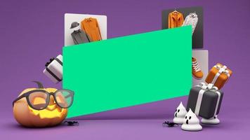 halloween-verkaufsförderungsplakat oder banner mit halloween-kürbis und modeeinkaufskleidung und geschenkbox mit produktpodium, hintergrundhalloween-vorlage, grüner bildschirm. 3D-Renderanimationsschleife video