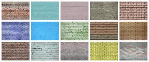 A collage of many pictures with fragments of brick walls of different colors close-up. Set of images with varieties of brickwork photo